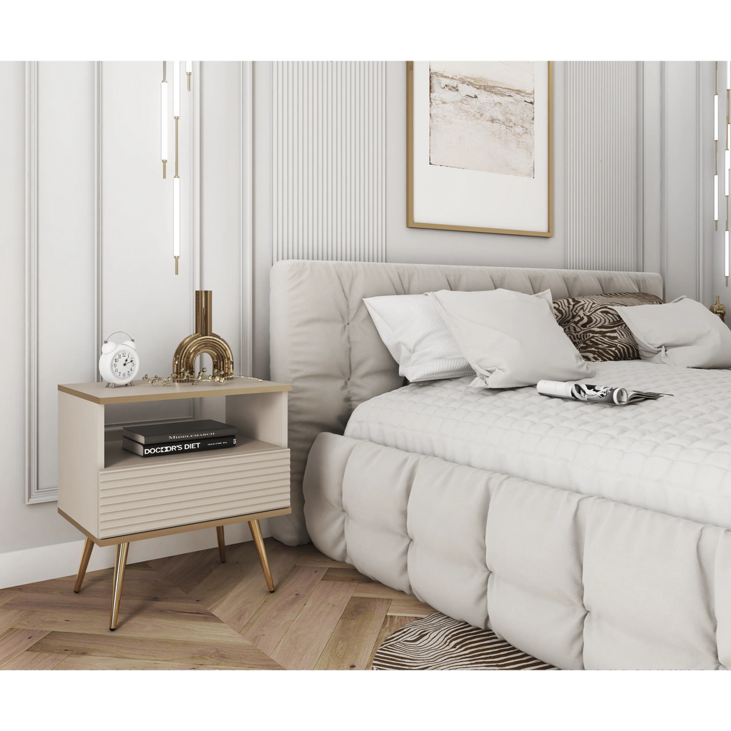 Szafka nocna Elisse 54cm - beżowa, ryflowany front, złote nóżki